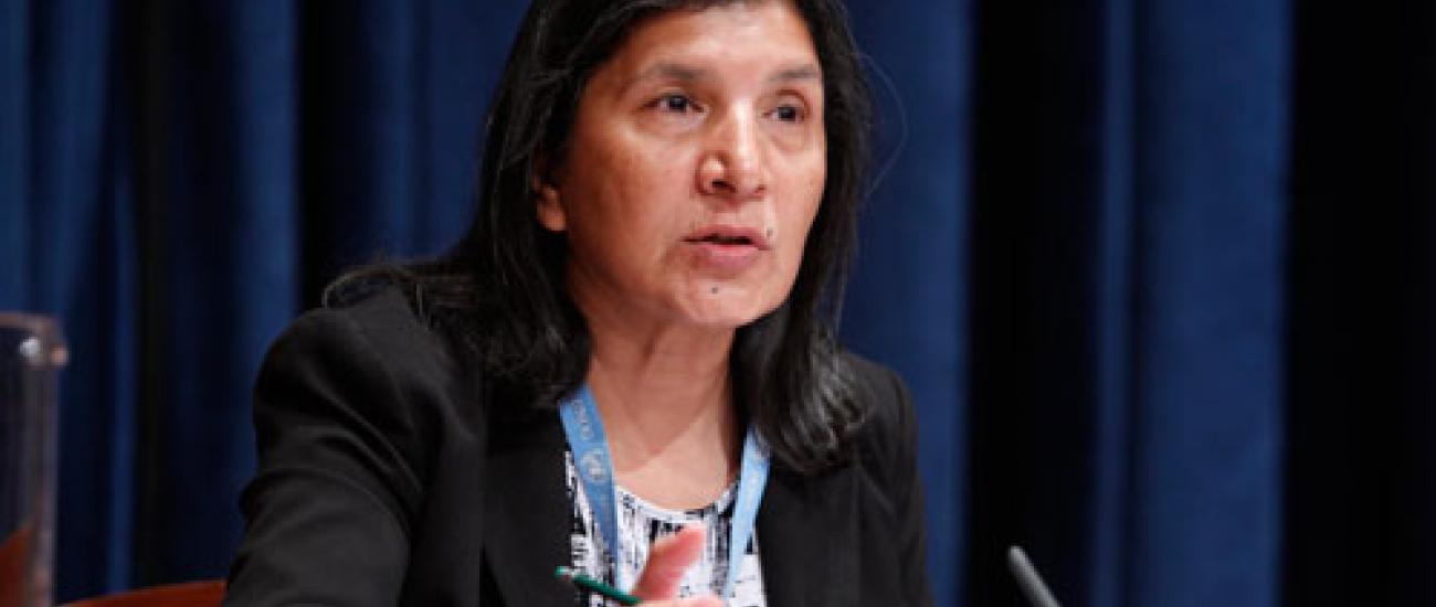 Rashida Manjoo pictured seated at a desk speaking into a microphone